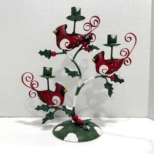 VTG Metal Cardinal Taper 3-Candle Holder Rustic Christmas Holly Bird Centerpiece